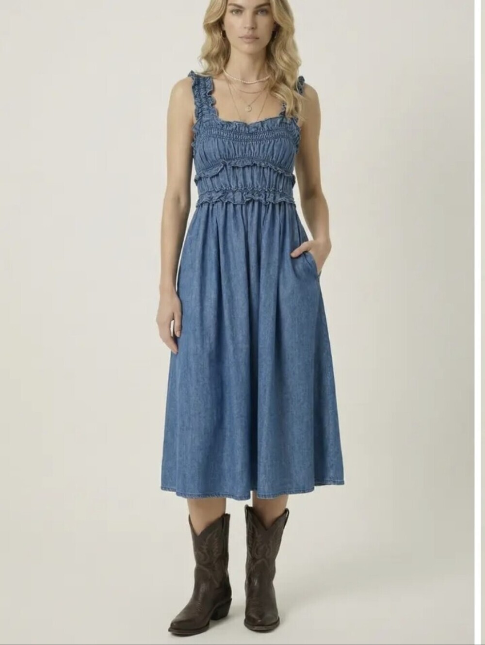 Heyson Smocked Bodice Midi Dress with Ruffled Straps Size